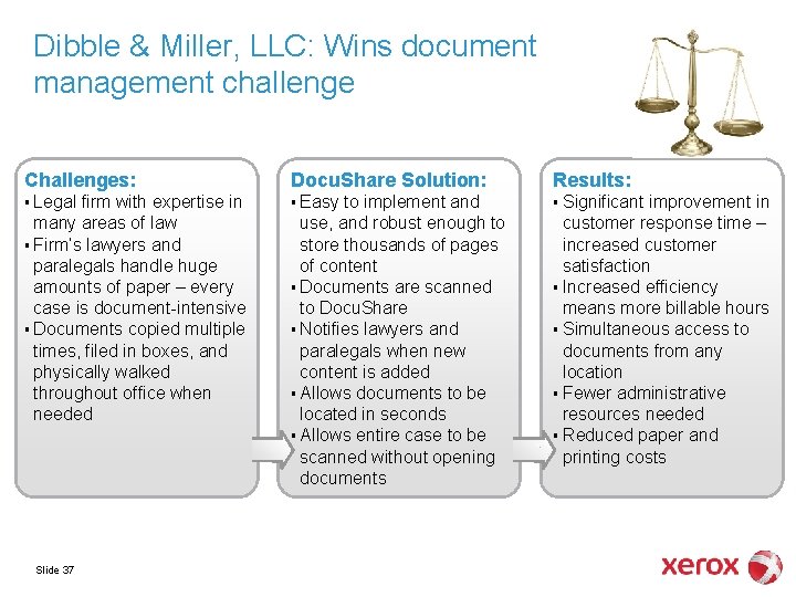 Dibble & Miller, LLC: Wins document management challenge Challenges: Docu. Share Solution: Results: §