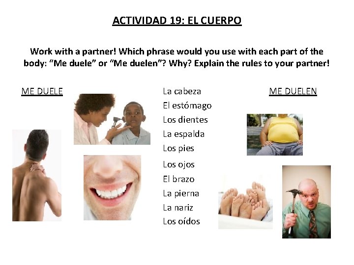 ACTIVIDAD 19: EL CUERPO Work with a partner! Which phrase would you use with