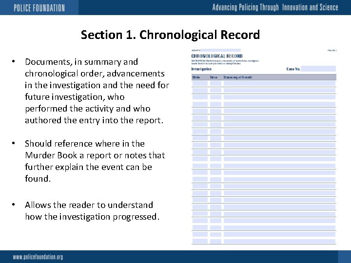 Section 1. Chronological Record • Documents, in summary and chronological order, advancements in the