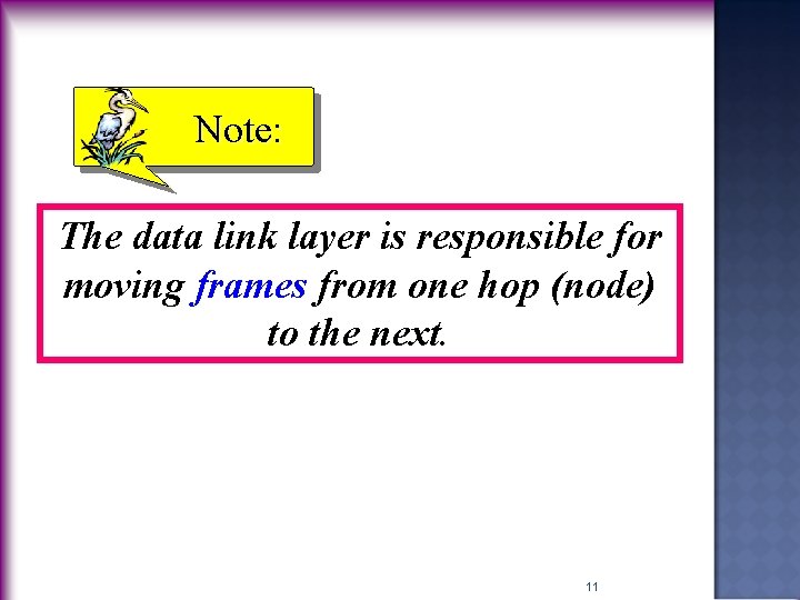 Note: The data link layer is responsible for moving frames from one hop (node)