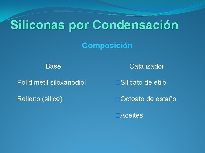 Siliconas por Condensación Composición Base Catalizador Polidimetil siloxanodiol �Silicato de etilo Relleno (sílice) �Octoato