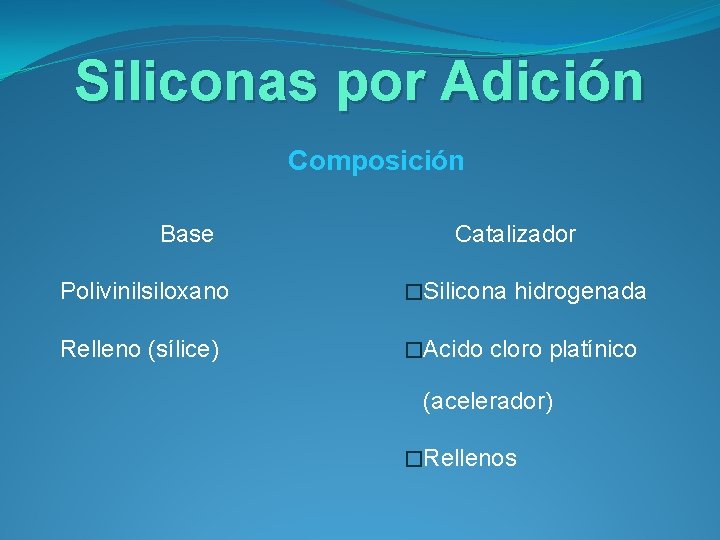Siliconas por Adición Composición Base Catalizador Polivinilsiloxano �Silicona hidrogenada Relleno (sílice) �Acido cloro platínico