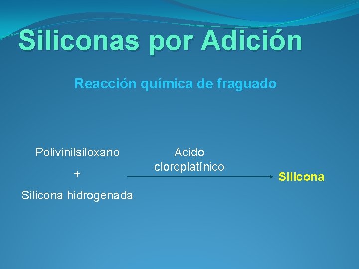 Siliconas por Adición Reacción química de fraguado Polivinilsiloxano + Silicona hidrogenada Acido cloroplatínico Silicona
