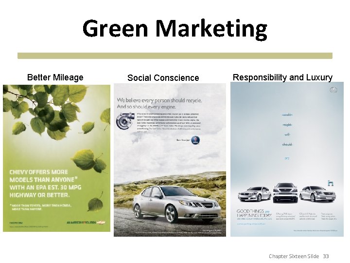 Green Marketing Better Mileage Social Conscience Responsibility and Luxury Chapter Sixteen Slide 33 