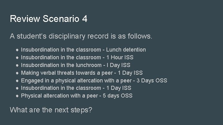 Review Scenario 4 A student’s disciplinary record is as follows. ● ● ● ●