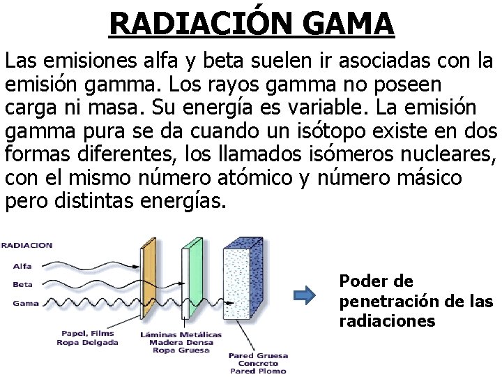 RADIACIÓN GAMA Las emisiones alfa y beta suelen ir asociadas con la emisión gamma.