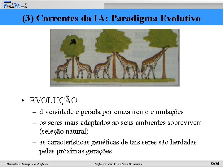 (3) Correntes da IA: Paradigma Evolutivo • EVOLUÇÃO – diversidade é gerada por cruzamento