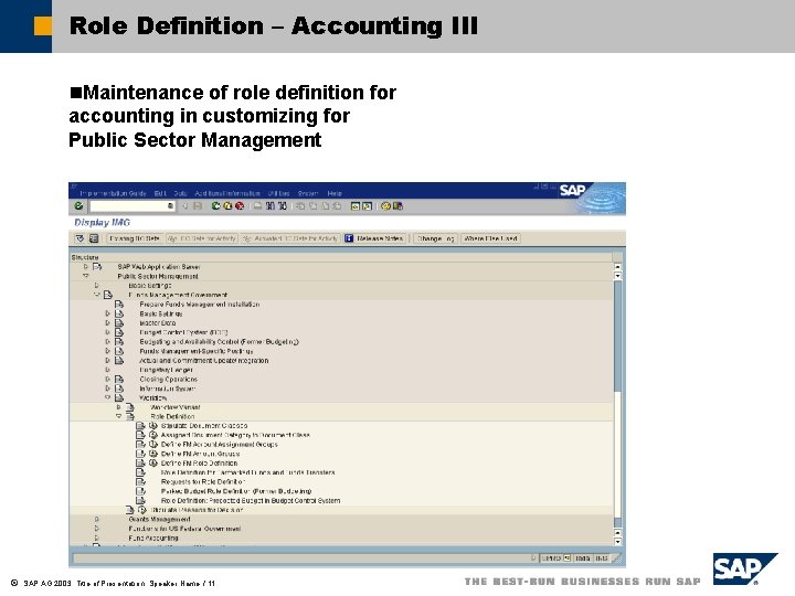 Role Definition – Accounting III n. Maintenance of role definition for accounting in customizing