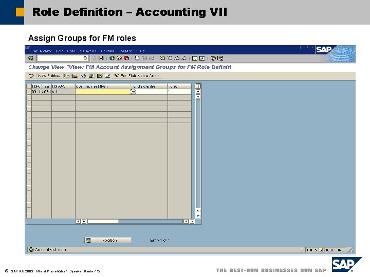 Role Definition – Accounting VII Assign Groups for FM roles ã SAP AG 2003,