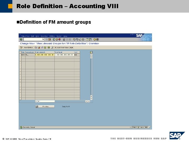 Role Definition – Accounting VIII n. Definition of FM amount groups ã SAP AG