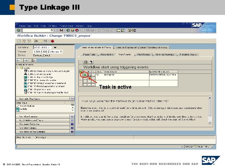Type Linkage III Task is active ã SAP AG 2003, Title of Presentation, Speaker