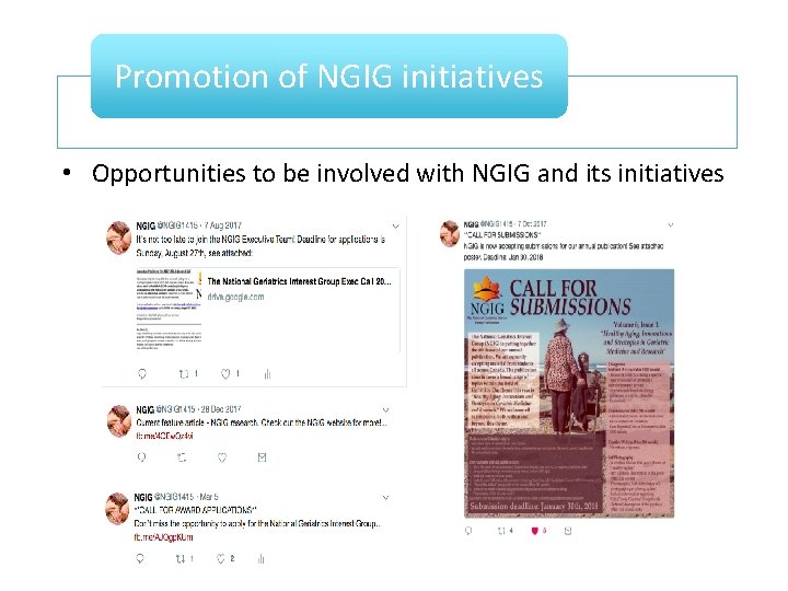 Promotion of NGIG initiatives • Opportunities to be involved with NGIG and its initiatives
