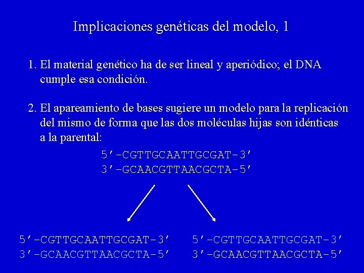 Implicaciones genéticas del modelo, 1 1. El material genético ha de ser lineal y