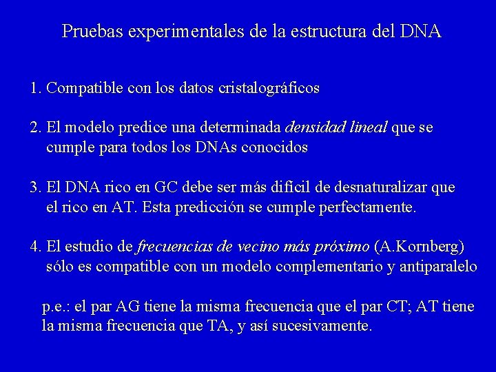 Pruebas experimentales de la estructura del DNA 1. Compatible con los datos cristalográficos 2.