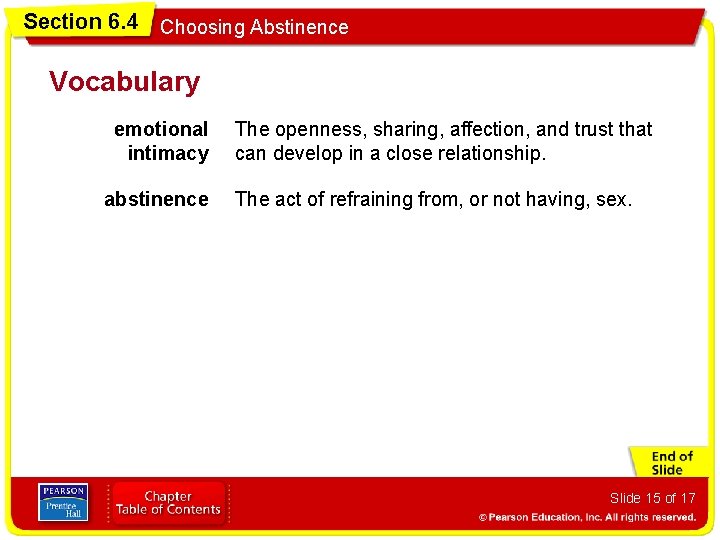 Section 6. 4 Choosing Abstinence Vocabulary emotional intimacy abstinence The openness, sharing, affection, and