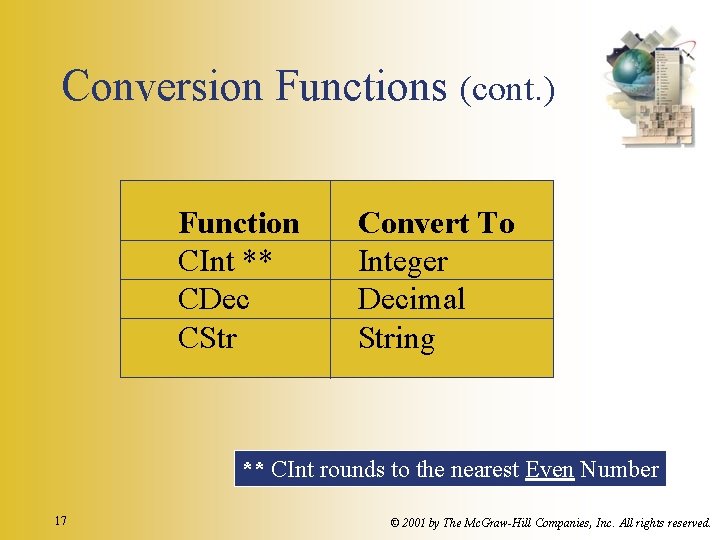 Conversion Functions (cont. ) Function CInt ** CDec CStr Convert To Integer Decimal String