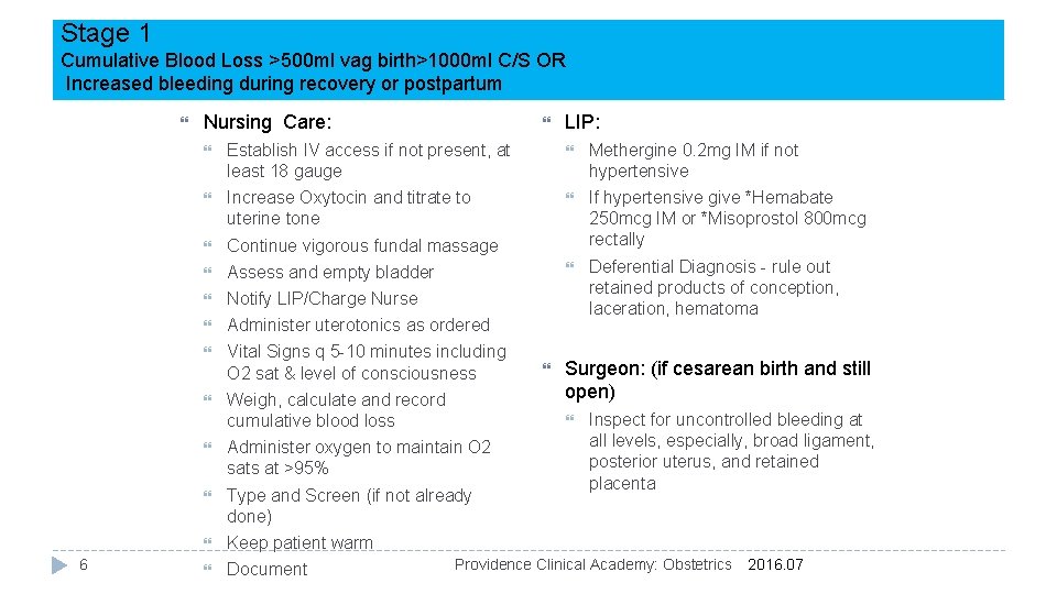 Stage 1 Cumulative Blood Loss >500 ml vag birth>1000 ml C/S OR Increased bleeding