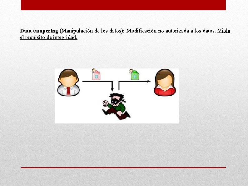Data tampering (Manipulación de los datos): Modificación no autorizada a los datos. Viola el
