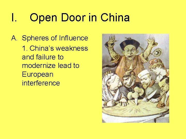 I. Open Door in China A. Spheres of Influence 1. China’s weakness and failure