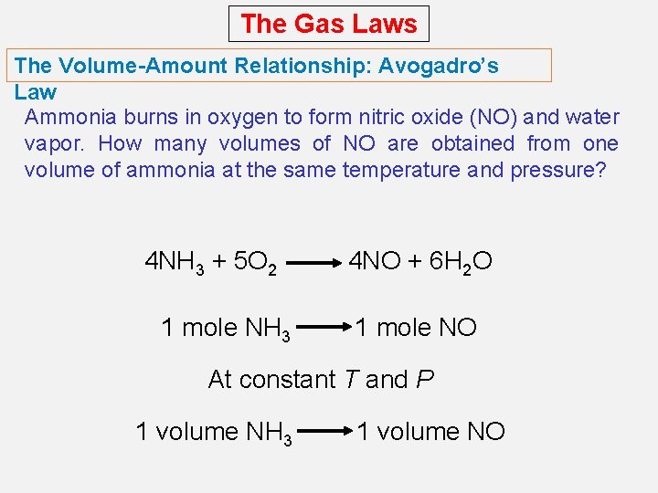 The Gas Laws The Volume-Amount Relationship: Avogadro’s Law Ammonia burns in oxygen to form