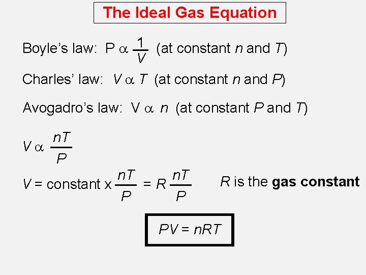 The Ideal Gas Equation Boyle’s law: P a 1 (at constant n and T)