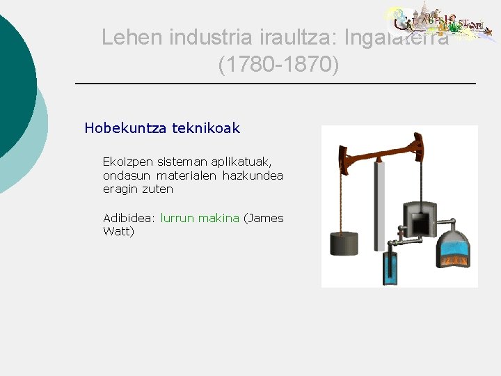 Lehen industria iraultza: Ingalaterra (1780 -1870) Hobekuntza teknikoak Ekoizpen sisteman aplikatuak, ondasun materialen hazkundea