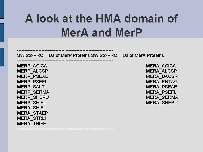 A look at the HMA domain of Mer. A and Mer. P ----------------SWISS-PROT IDs