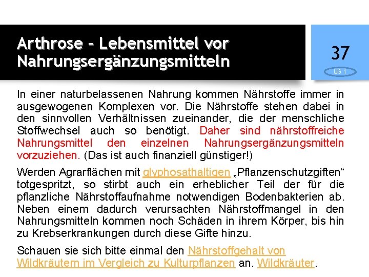 Arthrose – Lebensmittel vor Nahrungsergänzungsmitteln 37 UG 1 In einer naturbelassenen Nahrung kommen Nährstoffe