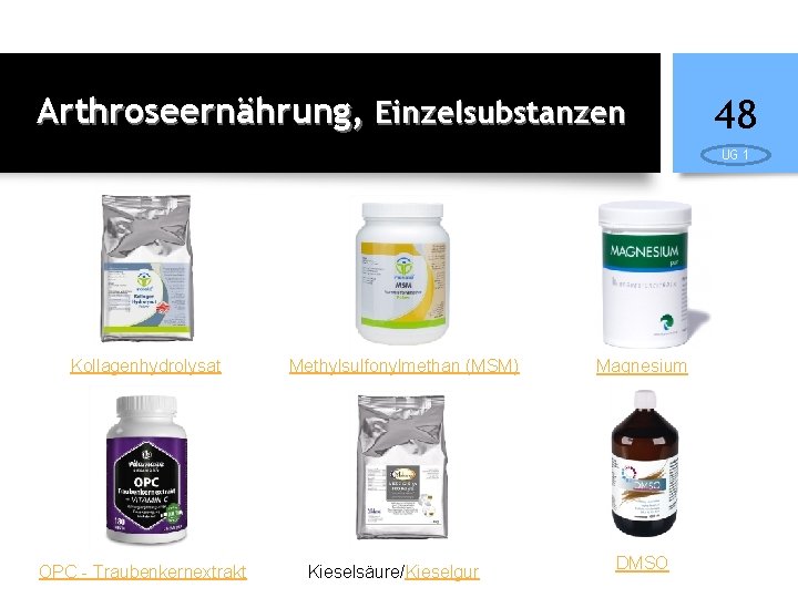 Arthroseernährung, Einzelsubstanzen 48 UG 1 Kollagenhydrolysat OPC - Traubenkernextrakt Methylsulfonylmethan (MSM) Kieselsäure/Kieselgur Magnesium DMSO