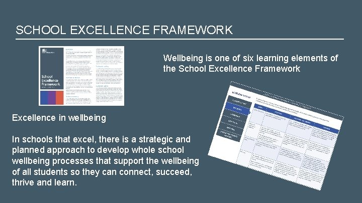 SCHOOL EXCELLENCE FRAMEWORK Wellbeing is one of six learning elements of the School Excellence