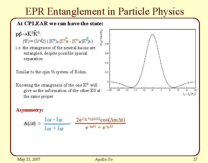 EPR Entanglement in Particle Physics At CPLEAR we can have the state: - -