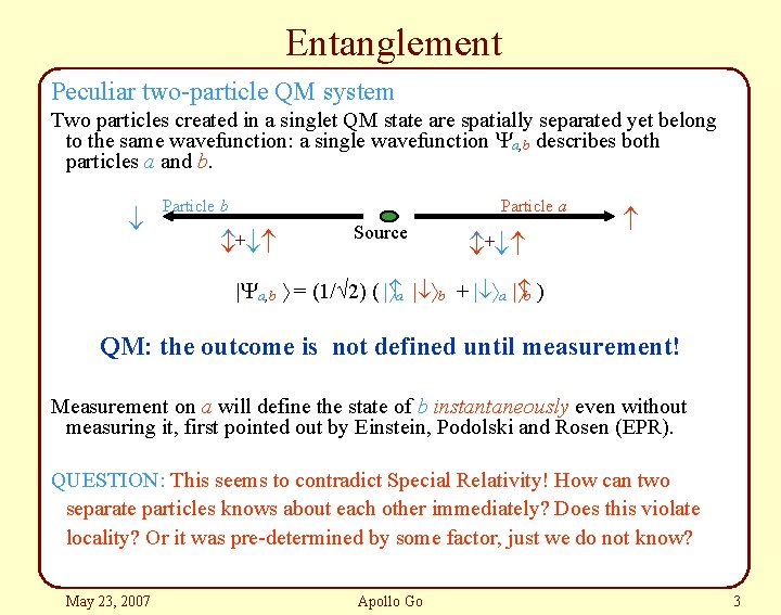 Entanglement Peculiar two-particle QM system Two particles created in a singlet QM state are