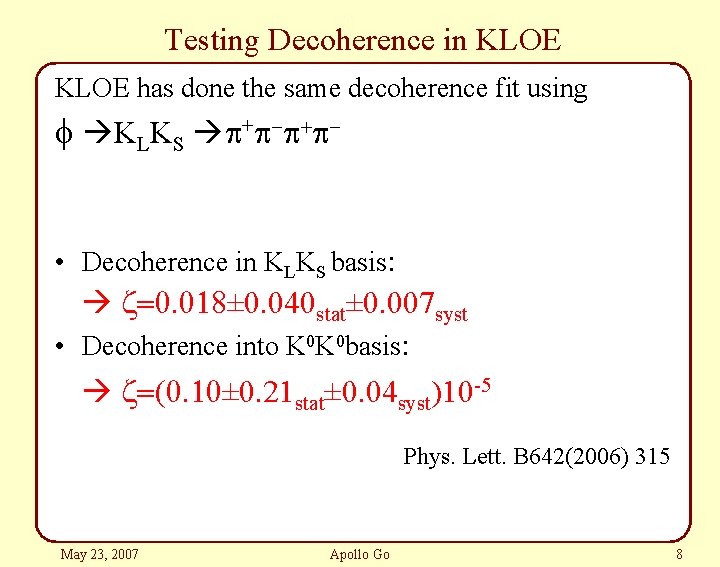 Testing Decoherence in KLOE has done the same decoherence fit using f KLKS p+p-p+p