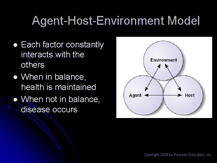 Agent-Host-Environment Model l Each factor constantly interacts with the others When in balance, health