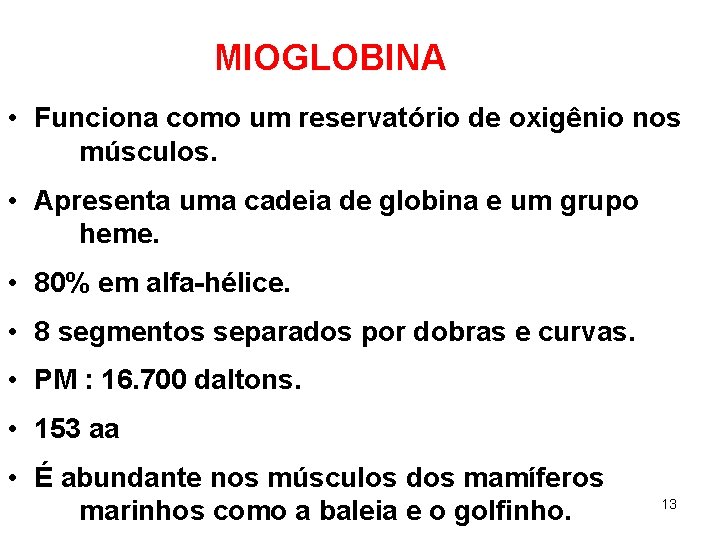 MIOGLOBINA • Funciona como um reservatório de oxigênio nos músculos. • Apresenta uma cadeia