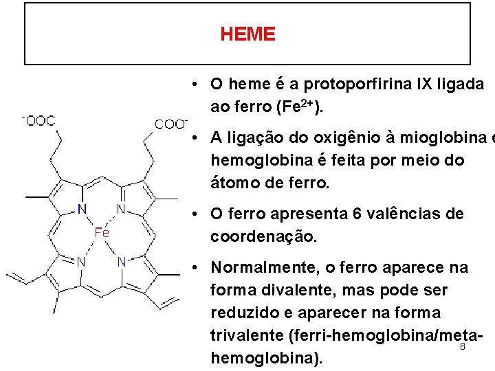 HEME • O heme é a protoporfirina IX ligada ao ferro (Fe 2+). •