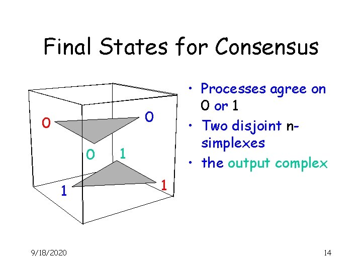 Final States for Consensus • Processes agree on 0 or 1 • Two disjoint