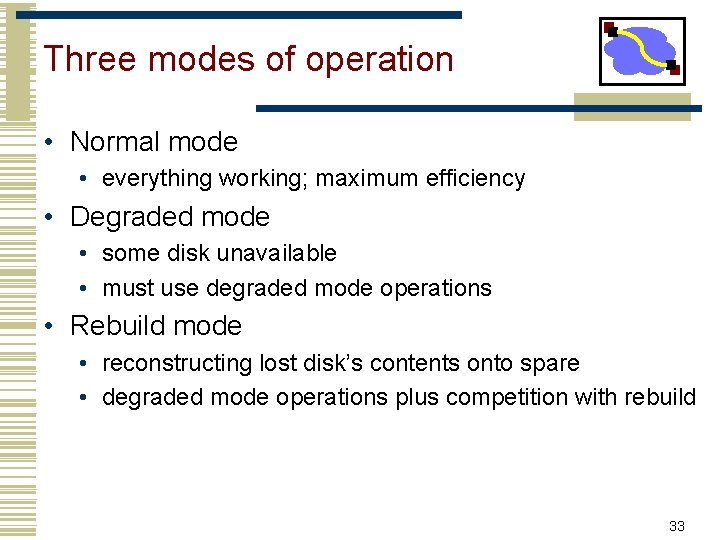 Three modes of operation • Normal mode • everything working; maximum efficiency • Degraded