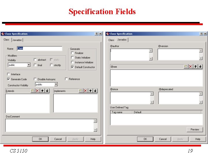 Specification Fields CS 5150 19 