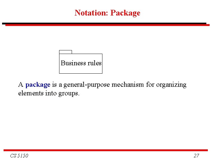 Notation: Package Business rules A package is a general-purpose mechanism for organizing elements into