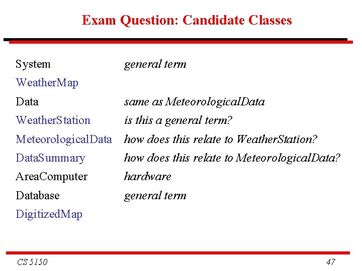 Exam Question: Candidate Classes System general term Weather. Map Data same as Meteorological. Data