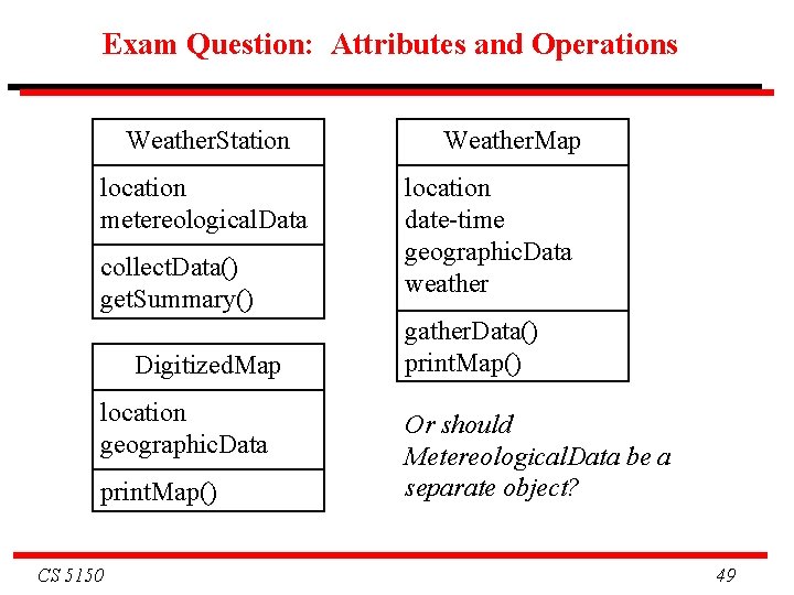 Exam Question: Attributes and Operations Weather. Station location metereological. Data collect. Data() get. Summary()