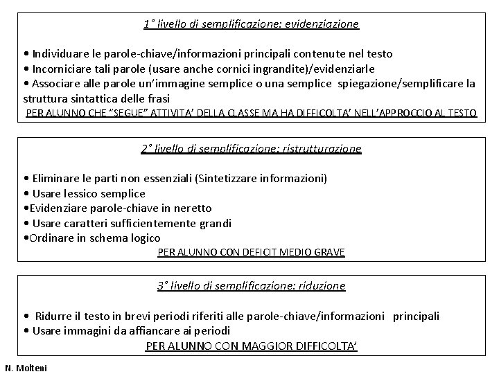 1° livello di semplificazione: evidenziazione • Individuare le parole-chiave/informazioni principali contenute nel testo •