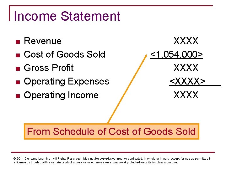 Income Statement n n n Revenue Cost of Goods Sold Gross Profit Operating Expenses