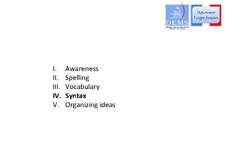 I. III. IV. V. Awareness Spelling Vocabulary Syntax Organizing ideas 