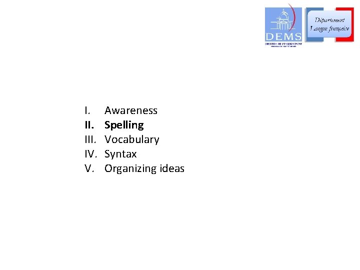 I. III. IV. V. Awareness Spelling Vocabulary Syntax Organizing ideas 
