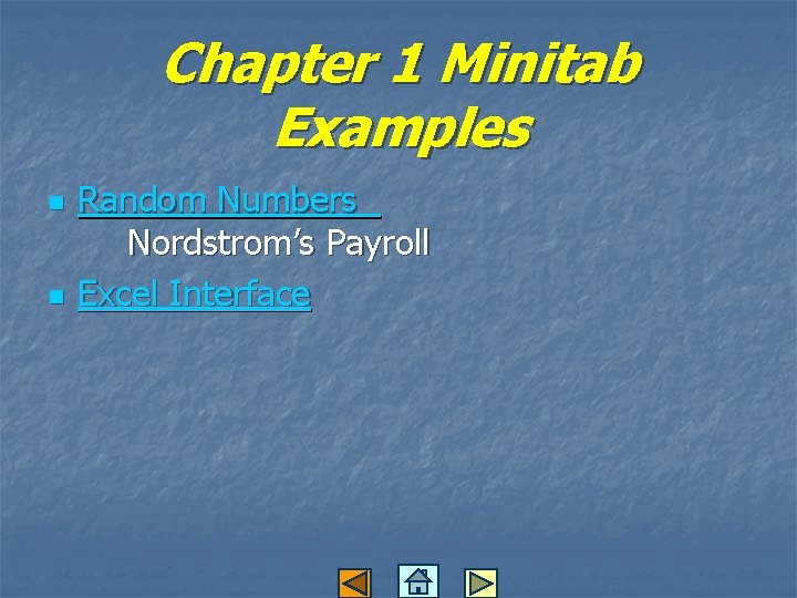 Chapter 1 Minitab Examples n n Random Numbers Nordstrom’s Payroll Excel Interface 