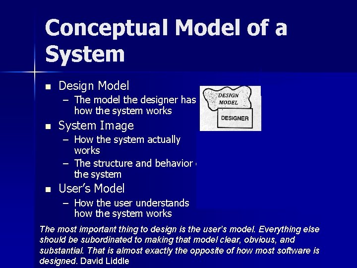 Conceptual Model of a System n Design Model – The model the designer has