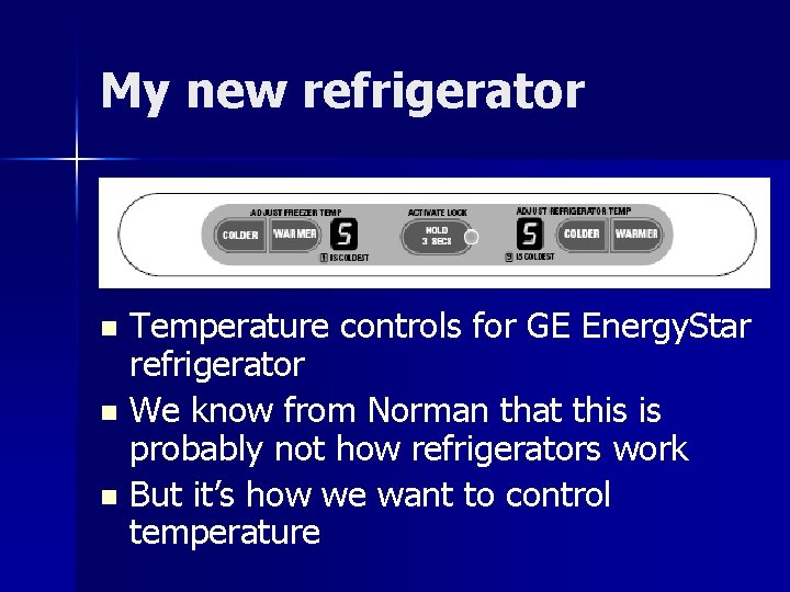 My new refrigerator Temperature controls for GE Energy. Star refrigerator n We know from