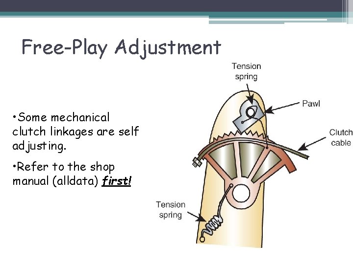 Free-Play Adjustment • Some mechanical clutch linkages are self adjusting. • Refer to the